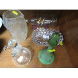 GREEN OPAQUE GLASS SCENT BOTTLE WITH DECORATION AND OTHER GLASS WARE.