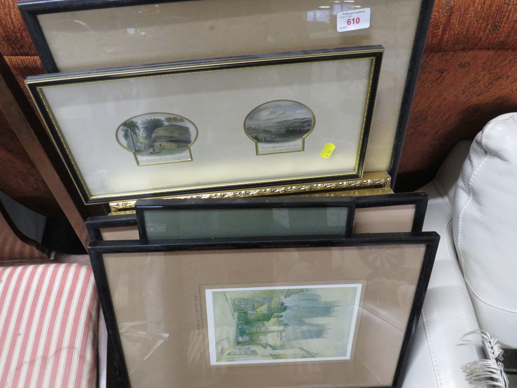 SEVEN FRAMED AND GLAZED PICTURES AND PRINTS, INCLUDING COLOURED ENGRAVINGS OF YORKSHIRE.