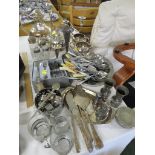 SILVER PLATED TEA SET , NAPKIN RINGS , TOGETHER WITH OTHER STAINLESS CUTLERY.