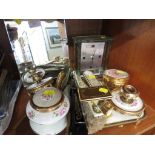 SMALL FRAMELESS TABLE MIRROR, DRESSING TABLE TRAY AND OTHER ITEMS.