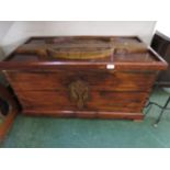 STAINED PINE LIFT TOP BLANKET BOX WITH INTERNAL DRAWER AND APPLIED CARVED OAK DETAILS.