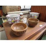 PAIR OF CHINA PLANTERS , TWO WOODEN BOWLS AND TWO FIGURINES.