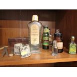 SELECTION OF VINTAGE COMMERCIAL BOTTLES WITH LABELS , FLOUR SHAKER TIN , CITY OF LEEDS ARM BAND