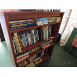 TEAK VENEERED OPEN BOOK CASE WITH THREE SHELVES.