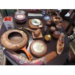 WOOD MOUNTED BAROMETER, CARVED WOODEN FRUIT AND OTHER TREEN AND DECORATIVE ITEMS.
