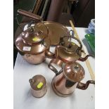 TWO COPPER KETTLES, COFFEE POT, HOT WATER JUG AND CIRCULAR COPPER SERVING TRAY.