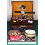 JEWELLERY CASE AND TWO SMALL TRAYS CONTAINING COSTUME BEADS, BROOCHES AND OTHER ITEMS.