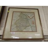 FRAMED AND GLAZED ANTIQUE MAP OF NORTHUMBRIA AFTER SAXTON/HOLE, DATED 1637 TO THE MOUNT, SHOTTON'S