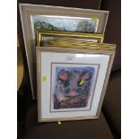OIL ON BOARD RIVER SCENE AND OTHER FRAMED PICTURES AND PRINTS.