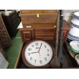 WOODEN JEWELLERY BOX, CARVED WOODEN LETTER RACK, TRAY, WALL CLOCK AND LEATHER CROP