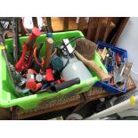 ONE BOX AND ONE TRAY WITH CONTENTS OF HAND TOOLS INCLUDING ELECTRIC DRILLS , SAWS , HAMMERS ETC.