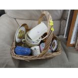 A WICKER BASKET AND ASSORTED CHINA.