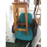 GREEN SWIVEL OFFICE CHAIR , TOGETHER WITH A HONEY PINE STOOL.