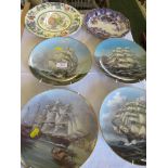 FOUR SHIPS COLLECTORS PLATES , A MASONS PLATE AND ONE OTHER PLATE.