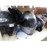 HJCIS33 MOTOR CYCLE HELMET , ONE OTHER MOTORCYCLE HELMET , PAIR OF GLOVES AND OTHER ACCESSORIES.
