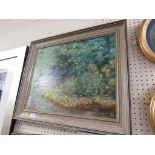 FRAMED OIL ON CANVAS OF WOODLAND STREAM TITLED RIVER BEND, BY H MARGRET TAPLEY.