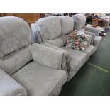 A G-PLAN THREE PIECE SUITE COMPRISING A TWO SEATER SOFA AND TWO ARMCHAIRS IN A LIGHT GREY FOLIATE