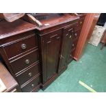 MAHOGANY VENEERED NARROW SIDE BOARD WITH EIGHT DRAWERS AND TWO CUPBOARD CENTRAL DOORS. (AF)