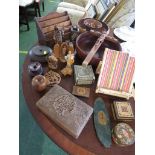 WOODEN LETTER RACK , WOODEN BOWLS , CARVED DEVOTIONAL FIGURES AND OTHER ITEMS.