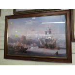 FRAMED AND GLAZED COLOURED PRINT OF SAILING BOATS. TITLED SALUTE ON DEPARTURE AFTER J.W CARMICHAEL.