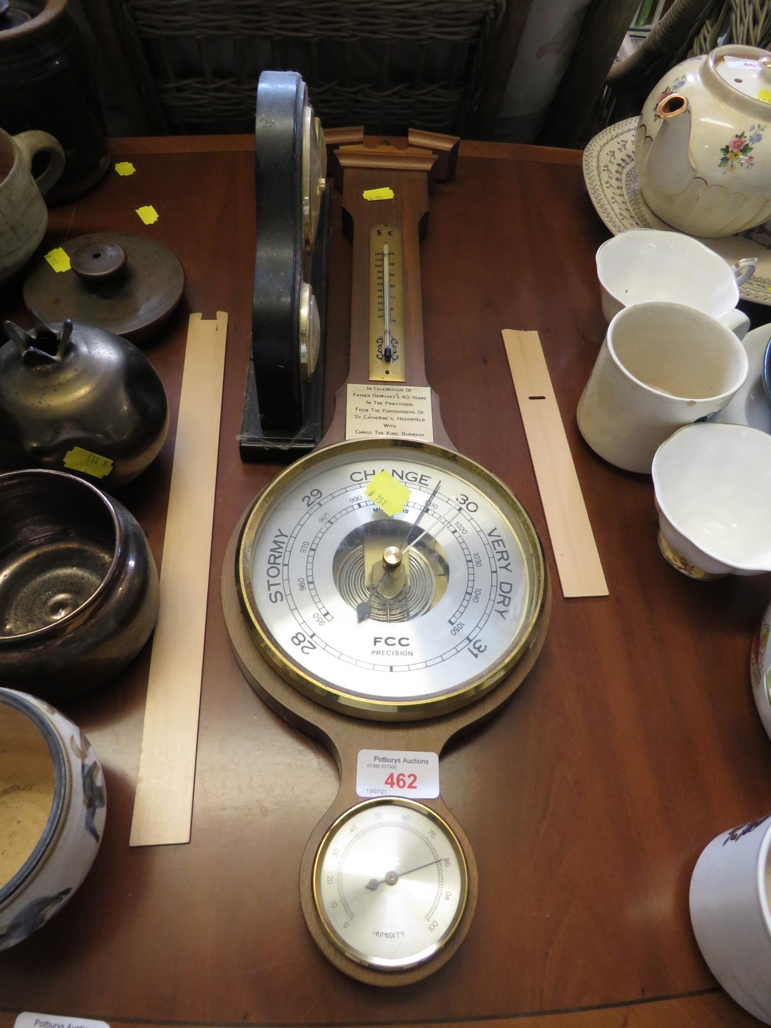 DESK BAROMETER THERMOMETER, AND A WALL MOUNTING BAROMETER WITH PRESENTATION PLAQUE.