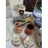IMARI PATTERN BISCUIT JAR WITH AN ASSORTMENT OF CUTLERY, COPPER MUG, COASTERS ETC.