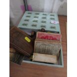 SMALL CARVED WOODEN FIGURINES, WOODEN CIGARETTE CASE, PLAYING CARDS AND OTHER SMALL ITEMS.
