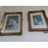TWO FRAMED AND MOUNTED PRINTS , ONE OF GIRL WITH DOG AND ONE WITH CHILDREN FISHING. BOTH IN GILT