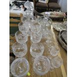 TWO DECANTERS , EIGHT WINE GOBLETS , TWO GLASS BOWLS AND OTHER GLASS DRINKING VESSELS.