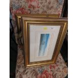 NINE PICTURES AND PRINTS IN GILT EFFECT FRAMES.