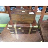 ROSE WOOD VENEERED BRASS BANDED LIFT TOP BOX. (AF) TOGETHER WITH A ROSEWOOD VENEERED TEA CADDY.