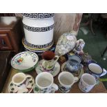 SELECTION OF CERAMICS INCLUDING CUPS, PLATES TOGETHER WITH A ENAMELLED MINIATURE TEA POT.