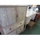 LIMED OAK TALL BOY AND MATCHING DRESSING TABLE WITH BRASS HANDLES.