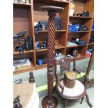 TURNED MAHOGANY TORCHERE OR PLANT STAND.