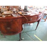 A REPRODUCTION REGENCY BOW FRONT SIDEBOARD , MAHOGANY VENEER WITH EBONY STRINGING, TWO CENTRAL DOORS