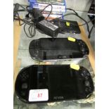 TWO SONY PS VITA HAND HELD CONSOLES. SIX GAMES , PLAY STATION TV ADAPTER , CHARGER ETC.