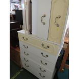 CREAM MELAMINE FIVE DRAWER CHEST, A MATCHING TWO DRAWER BEDSIDE AND A THREE PANEL MIRROR.