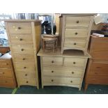 MODERN LIGHT OAK BEDROOM SET COMPRISING A NARROW SEVEN-DRAWER CHEST, A CHEST OF TWO SHORT OVER TWO