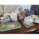 SMALL SELECTION OF CHINA INCLUDING ROYAL DOULTON , JASPER WARE PIN DISH AND TOBY JUG. (AF)