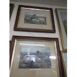 PAIR OF FRAMED AND GLAZED COLOURED PRINTS TITLED SUNRISE IN THE HIGHLANDS AND SUNSET IN THE