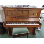 C BECHSTEIN OF BERLIN UPRIGHT PIANO WITH INLAID MAHOGANY CASING, TOGETHER WITH A MAHOGANY FRAMED