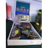 TRAY WITH CONTENTS OF VINTAGE ITEMS INCLUDING MAP MEASURER, SPECTACLES, COINS ETC.
