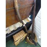 WICKER WASTE PAPER BIN , SMALL WICKER HAMPER , RUSTIC WOODEN WALKING STICK AND A VINTAGE WOODEN T-