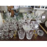 SELECTION OF STEM DRINKING GLASSES, INK WELL WITH PEWTER LID AND OTHER GLASS WARE.