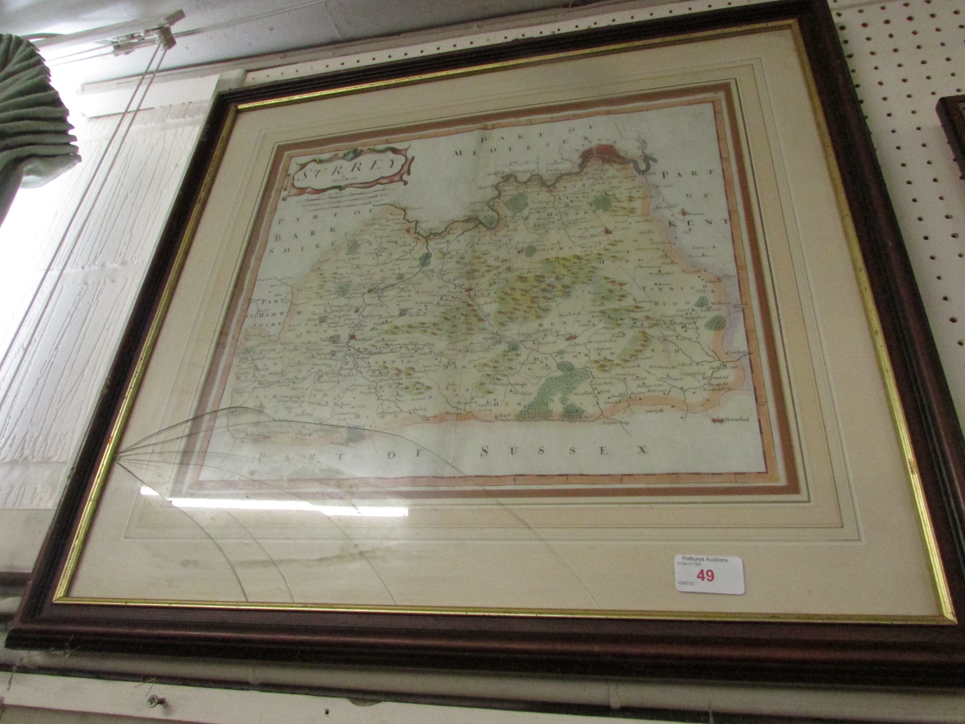 FRAMED AND GLAZED ANTIQUE MAP OF SURREY AFTER ROBERT MORDEN, SHOTTON'S OF DURHAM BOOKSELLER'S