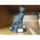 A REPRODUCTION CAST METAL FIGURE OF A CAT ON A MARBLE BASE SIGNED JULIE MOIGNIEZ