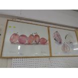 PAIR OF FRAMED AND GLAZED STILL LIFE WATERCOLOURS PLUMS AND GARLIC.