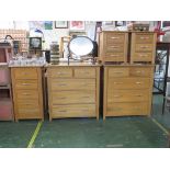LIGHT OAK BEDROOM FURNITURE - PAIR OF FIVE DRAWER CHESTS, PAIR OF THREE DRAWER BEDSIDE CHESTS, AND A