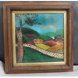 ENAMEL LANDSCAPE PICTURE, 19.5CM X 19.5CM, FRAMED, HANDWRITTEN LABEL TO BACK OF FRAME 'LANDSCAPE 4/