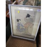 FRAMED AND GLAZED JAPANESE PRINT OF TWO WOMEN. (AF)